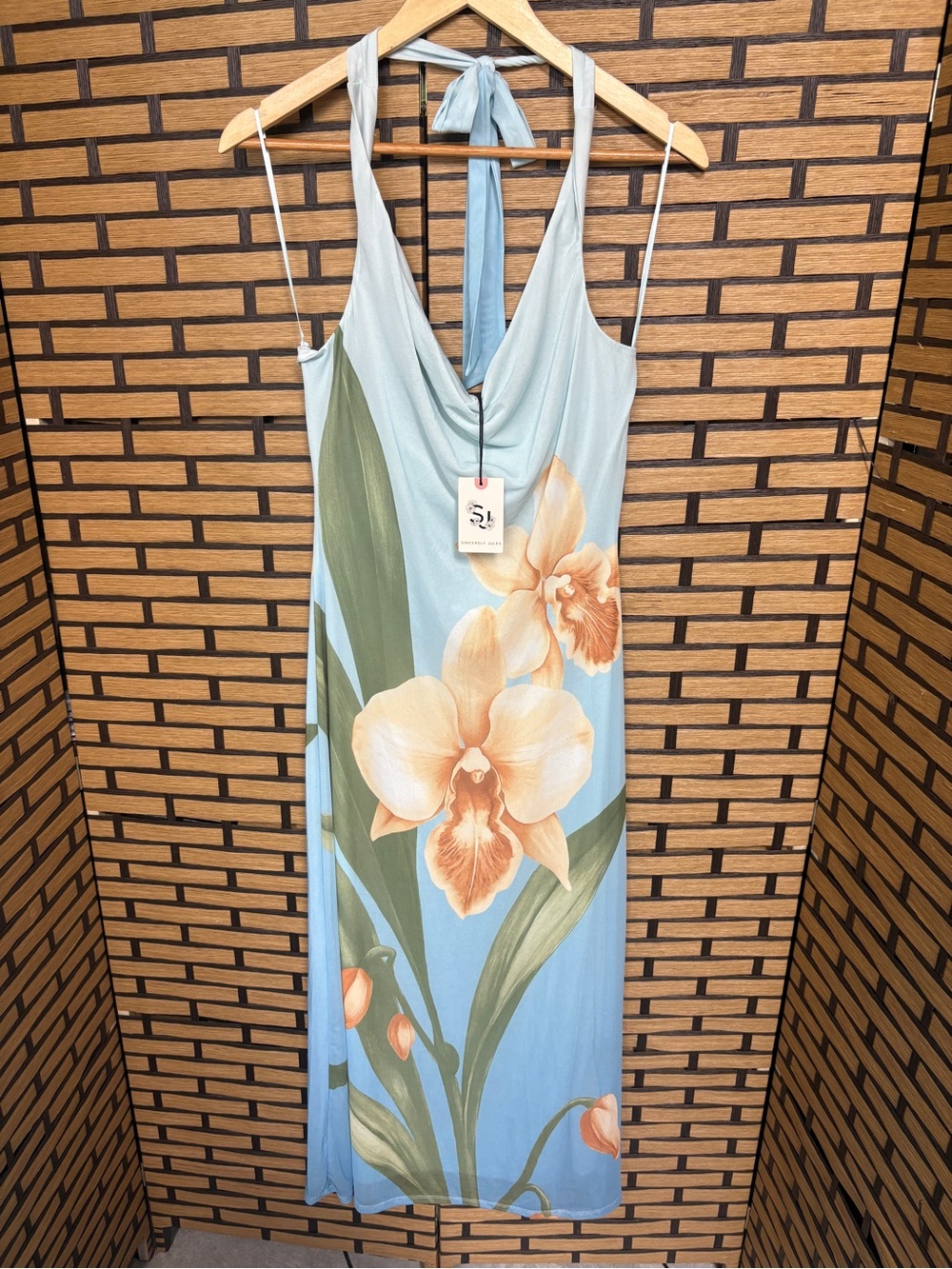 Sincerely Jules blue floral mesh halter dress size large